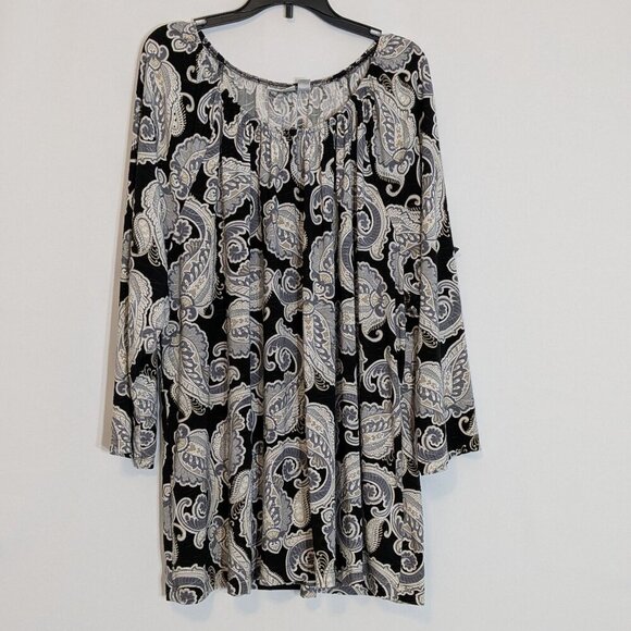CROFT & BARROW Black/White Paisley Stretch Knit Pullover Top; Size 2X - Picture 1 of 5